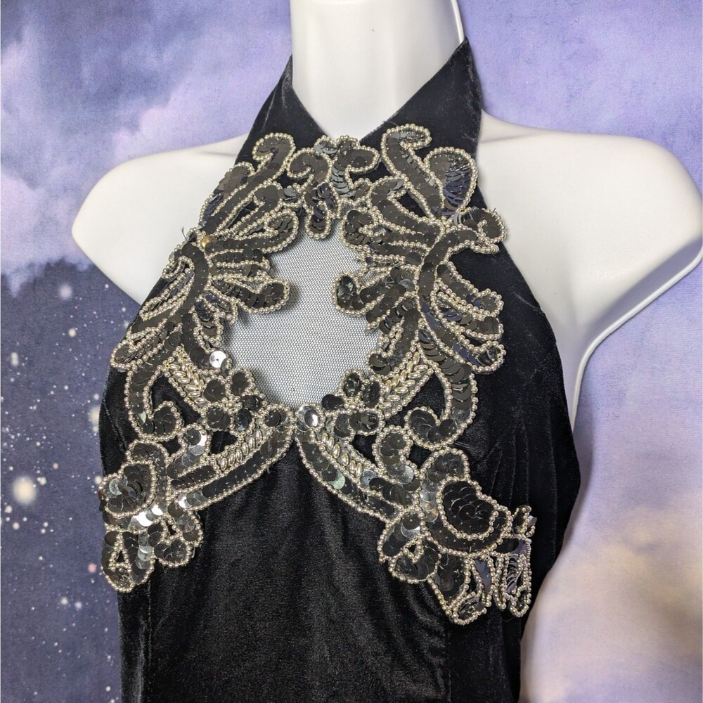 Vintage Black Velvet Beaded Halter Dress Goth Glam Party Cocktail XS Zum Zum 90s - Picture 2 of 13